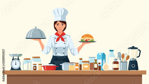 Professional female chef in a white uniform and hat presenting a delicious burger and a cloche on a table with ingredients.
