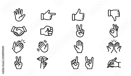 Hand gesture outline icon set monochrome vector collection