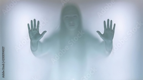Silhouette mystérieuse derrière un rideau translucide avec les mains
