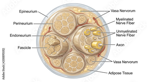 Cross‑sectional anatomy of a peripheral nerve fascicle showing bundles of myelinated and unmyelinated axons surrounded by endoneurium, perineurium and epineurium with vasa nervorum and adipose tissue 