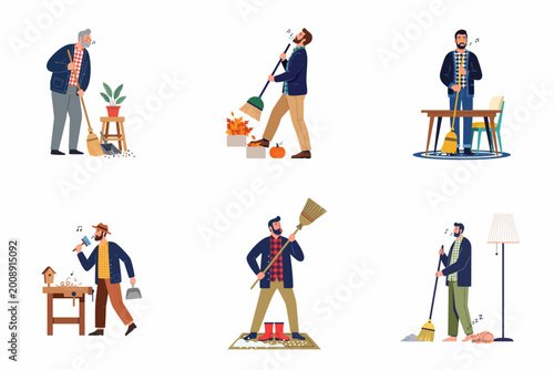 Εκτύπωση καμβά Set of happy men performing various cleaning tasks at home and outdoors while whistling and singing cheerfully