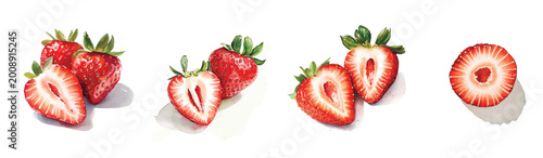 A Collection of sliced strawberry painting designs, Hand-painted style, vectorized, vector set available in EPS, Simple Hand-painted watercolor style, vector set available in EPS, watercolor fruits