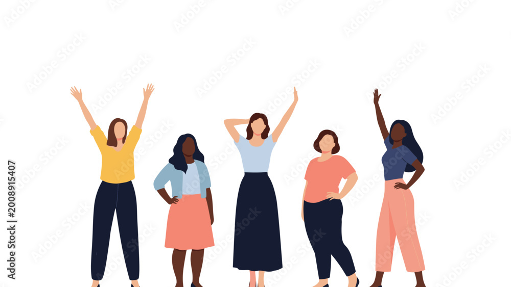 Fototapeta premium Diverse group of women standing together with arms raised in celebration, representing female empowerment, friendship, and diversity.