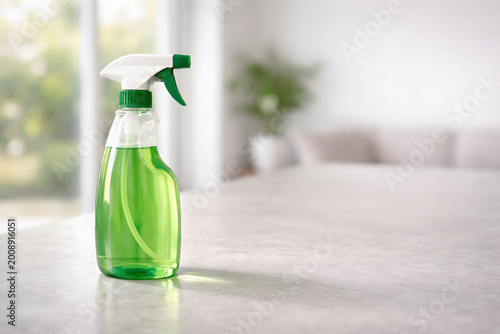 Cleanliness in a bottle: A vibrant green cleaning spray bottle stands ready, representing the freshness and purity of a clean environment and hygiene.