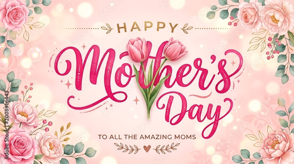 Obraz premium Happy mother's day card with pink tulips on a pink background