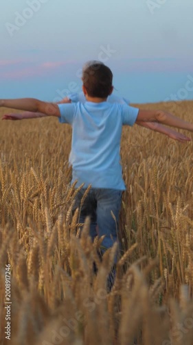 Child kids running through wheat field, run children group boy girl wheat field, agriculture, friends outdoors, people nature, golden wheat fields at sunset, childhood friends in nature, carefree