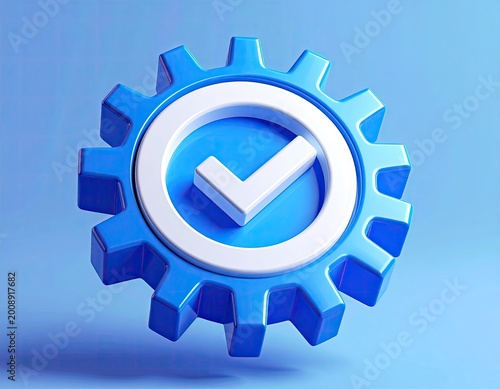 3D blue gear with a white checkmark inside a circle, signifying approval