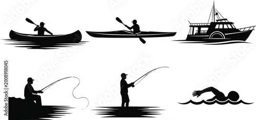 Collection of water sport silhouettes including kayaking and boating.