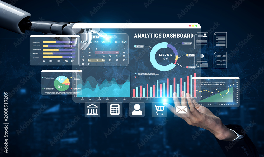 Fototapeta premium Futuristic Robotic Hand Interacting with Advanced Data Analytics Dashboard on Computer Screen in Modern Business Environment Haptic.
