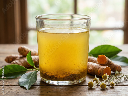 Vibrant Golden Yellow Turmeric Water in a Clear Glass – Fine Organic Sediment Settled at the Bottom, Fresh Raw Turmeric Roots and Slender Green Stems Arranged Around the Base