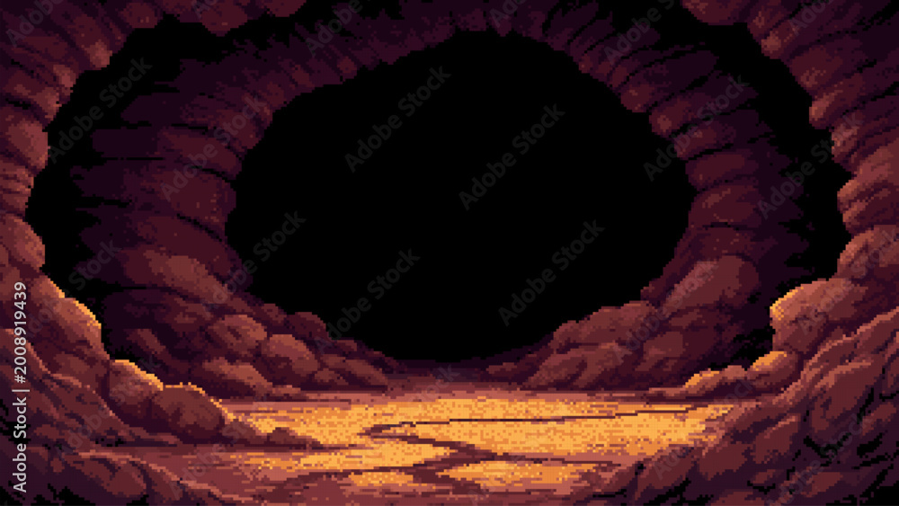 Fototapeta premium Pixel art cave entrance with red stone walls and dark tunnel background. Retro 8 bit fantasy environment illustration for game design. Landscape scenery of underground rocky passage.