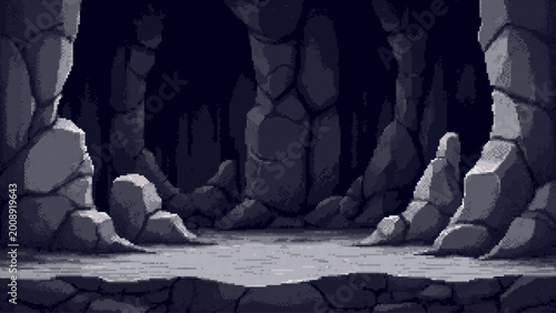 Foto Pixel art cave interior with stone walls