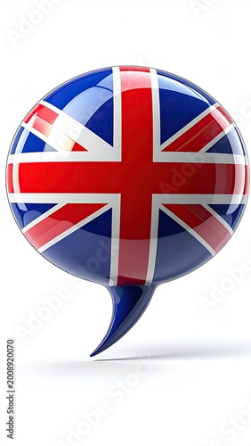 A 3D glossy speech bubble adorned with the Union Jack flag