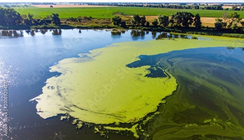 Aerial view of a vibrant green algae bloom spreading across a calm lake surface.