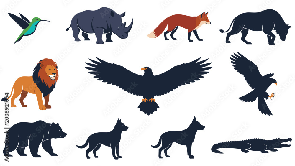 Fototapeta premium Large collection of animal silhouettes and icons including a lion, eagle, bear, wolf, and rhinoceros in dark navy blue tones.
