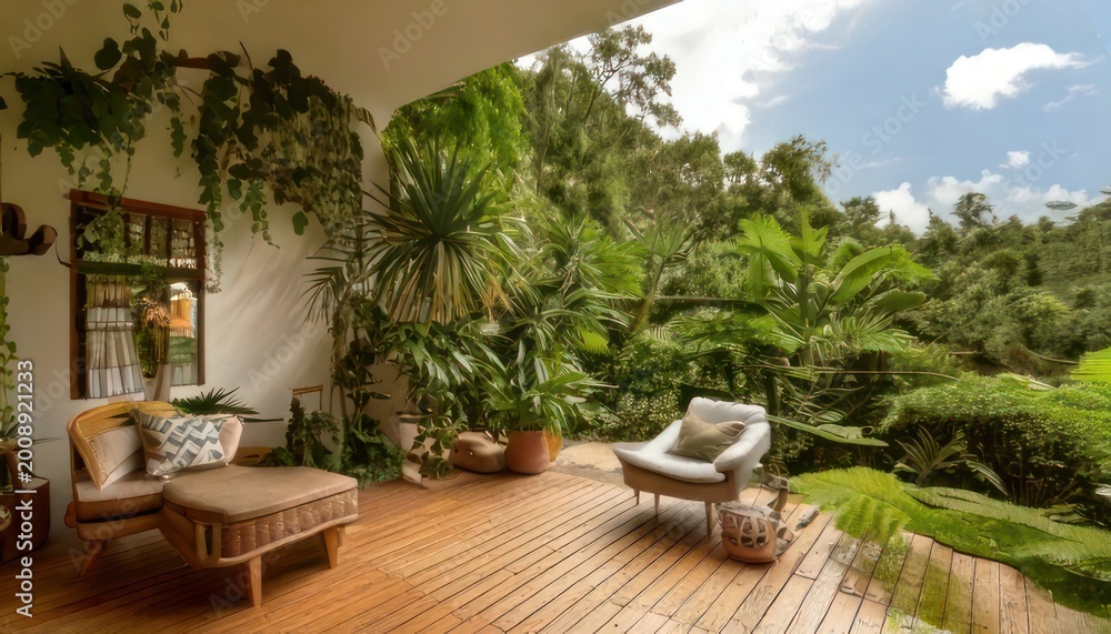 Fototapeta premium Serene Balcony Oasis Overlooking Lush Tropical Rainforest Canopy.