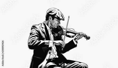 Quadro su tela Professional male violinist playing classical instrument while sitting on chair isolated on white background for music art performance concert flyer design and soulful melody visual elements
