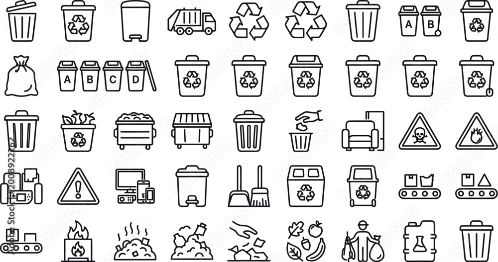 Fototapeta premium Set of hand-drawn waste management recycling environment outline icons for sustainability concepts environmental protection recycling environment pollution separation