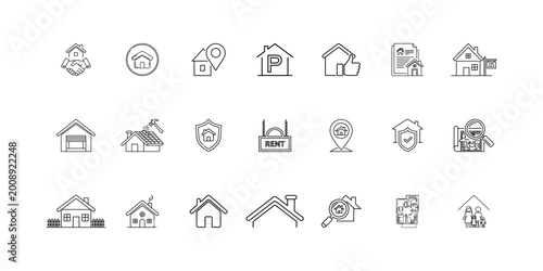 Konstfotografi Real estate line icons set for property marketing business including home sales and rental symbols house insurance search location handshake contract mortgage architecture family protection