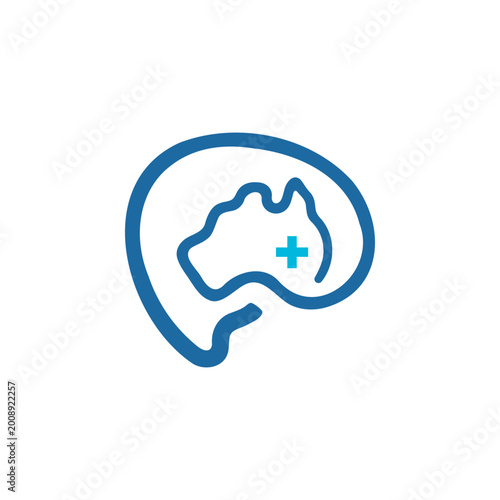 Australia Map Brain Health Medical Cross Mental Clinic Blue Line Art Concept Logo Design Vector