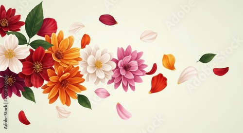 Beautiful colorful dahlia flowers with falling petals on light background