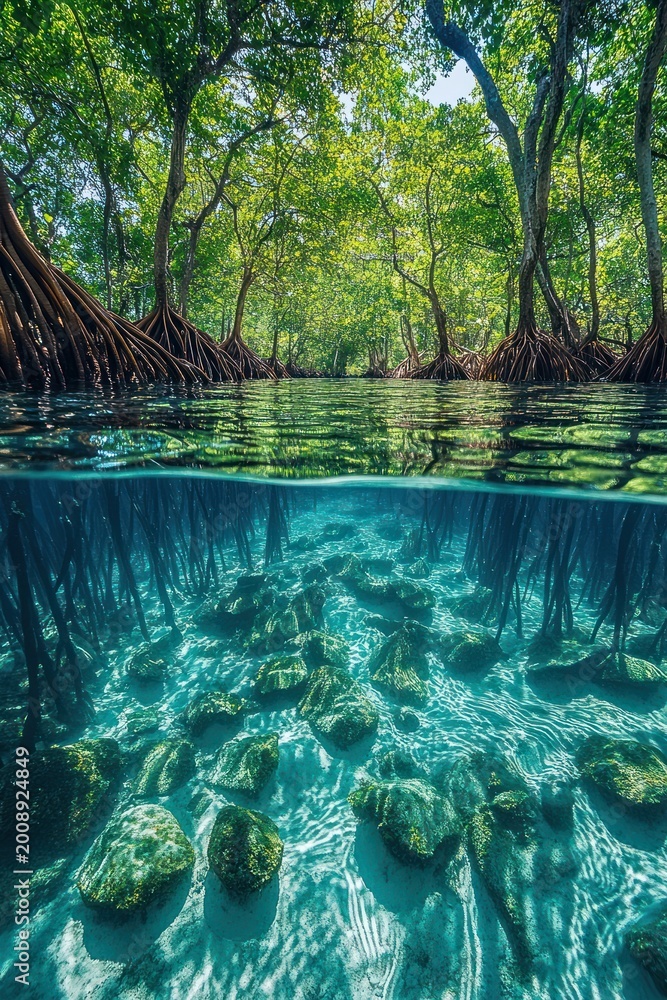 Fototapeta premium Split-level view of mangrove forest and underwater roots