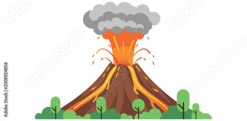Schilderij op canvas Volcanic Eruption with Lava Flow and Ash Cloud Natural Disaster Concept Vector I