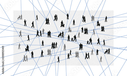 Conceptual illustration of people silhouettes with interconnected blue lines. Abstract representation of big data network, global social media connections, diverse community interaction and collective