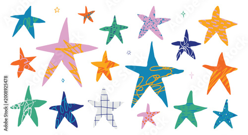 Fényképezés Hand-drawn collection of vivid stars with various textures and doodle patterns