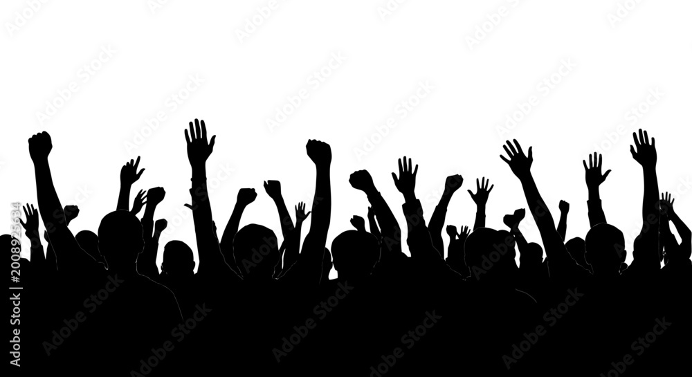 Fototapeta premium Crowd silhouette with raised hands, cheering people at concert or sports event, black audience silhouettes for protest or celebration