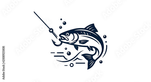 Fotografía Dynamic dark blue vector image of a fish jumping out of water caught on a fishing hook with bubbles and waves