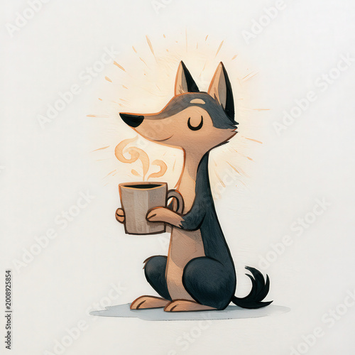 Dog, cartoon, whimsical, meditative, sitting, upright