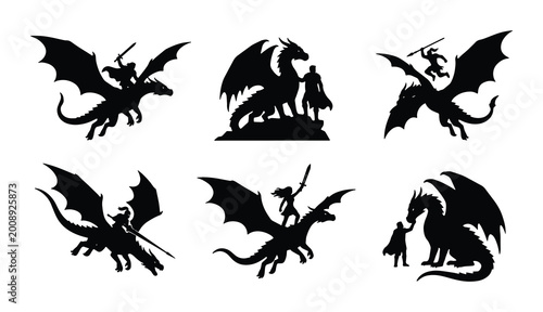 Photos dragon and knight silhouettes in various poses on white background