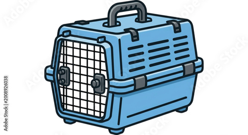 Blue plastic pet carrier crate vector image used for safe transportation of dogs cats or small animals during travel and veterinarian visits.