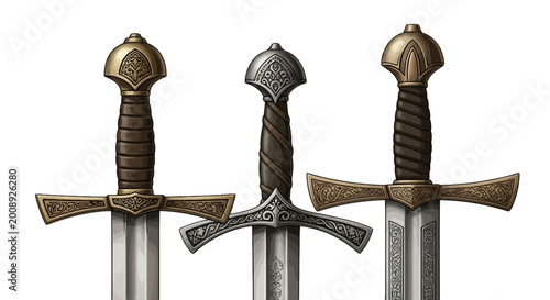 Foto Medieval fantasy swords with ornate hilts, ancient knight steel blades, collecti
