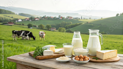 Natural dairy products on wooden table with rural farm background