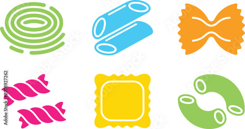 Pasta set with different types in colorful flat design style with homemade with healthy food
