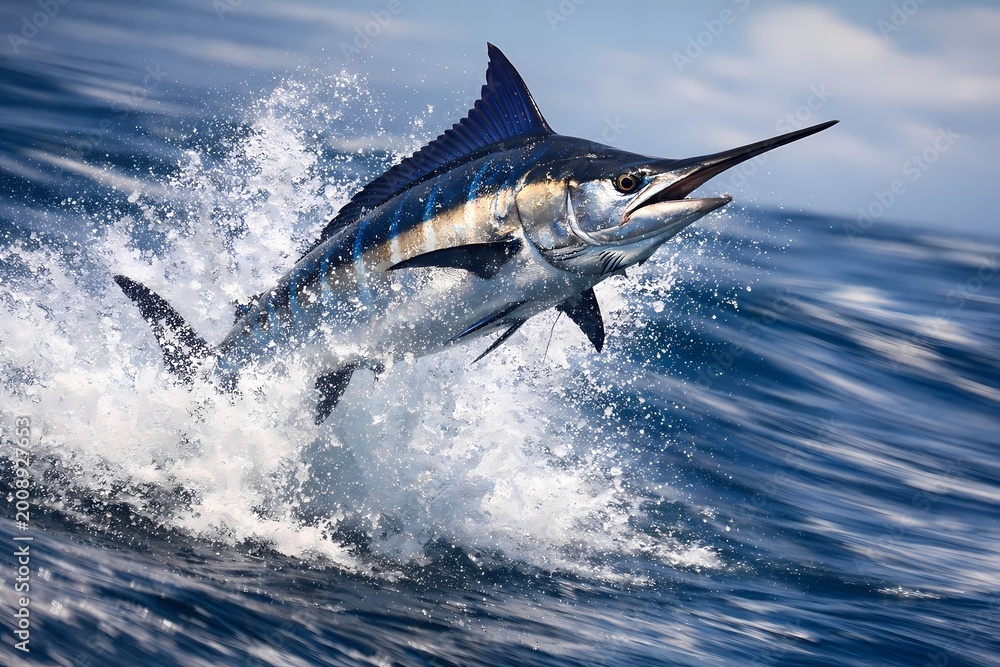 Fototapeta premium This high quality digital artwork showcases a marlin jumping high out of the ocean waves. Highly suitable for dynamic advertising marketing materials and creative web projects.