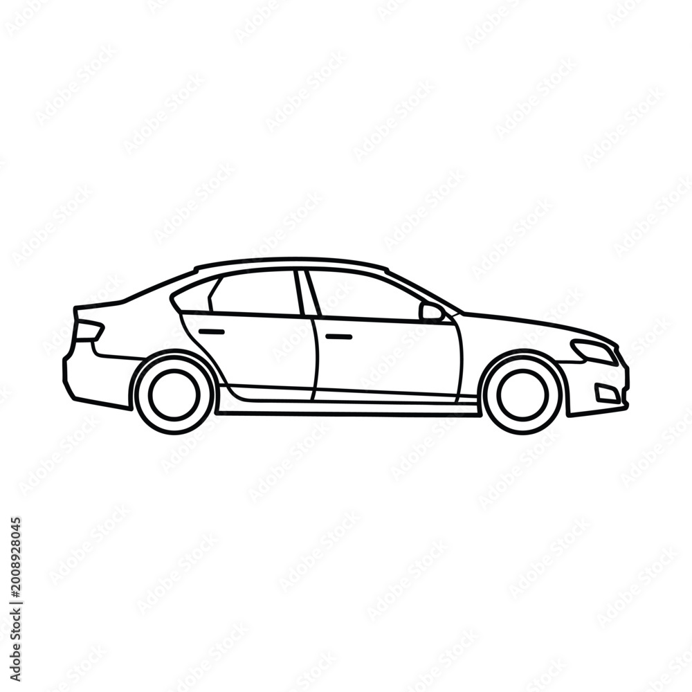 Naklejka premium Simple black and white line art drawing of a modern sedan car from a side profile view.