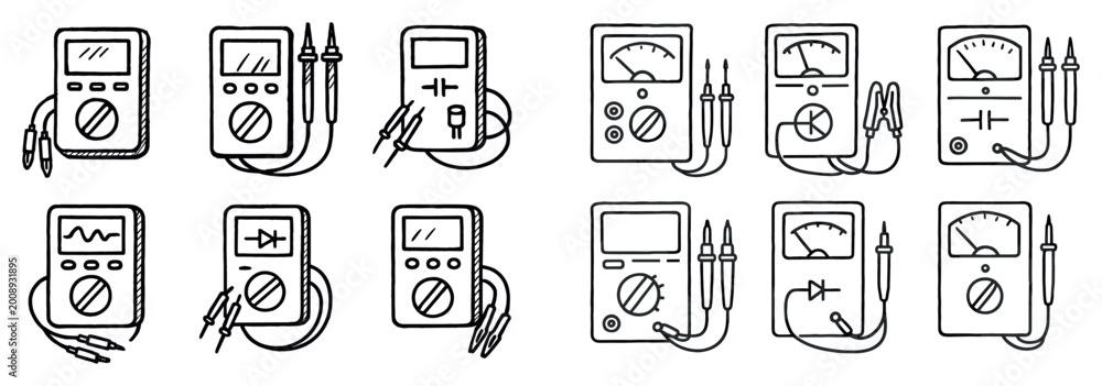 Fototapeta premium Measurement icons with multimeter probe dial outline