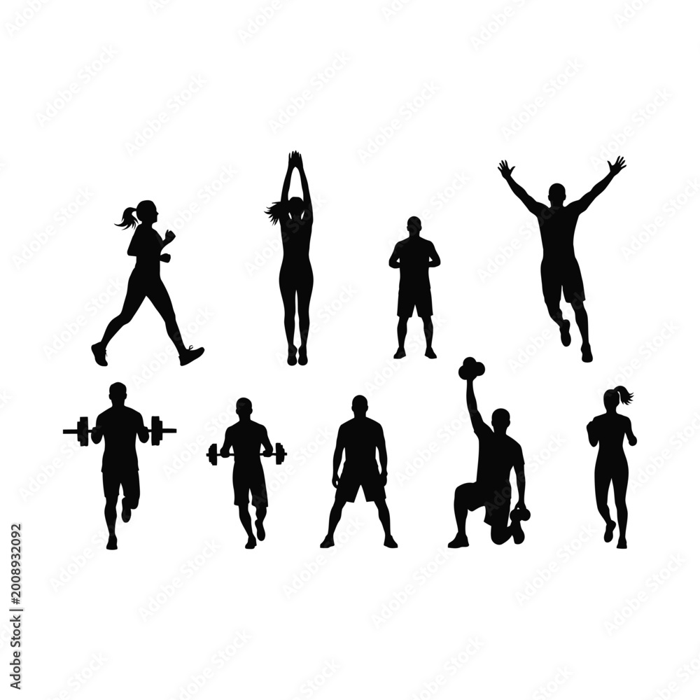 Obraz premium Fitness athlete silhouette collection with 9 vector elements, gym workout people training with weights and running, athletic male and female figures for sports branding and posters