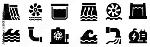 Hydro icons with dam turbine pump bold solid