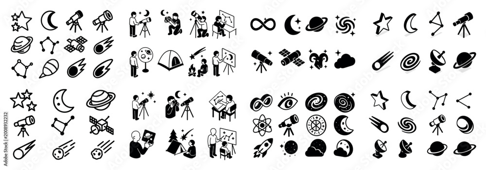 Fototapeta premium Astronomy symbols and activities icon set