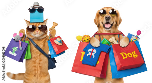 Cuadro en lienzo Funny shopping pets with colorful bags, ginger cat and golden retriever dog wear