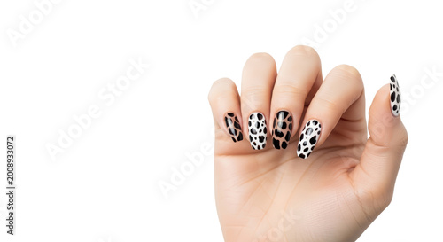 Animal print manicure on female hand, stylish cow and leopard pattern nail art, trendy black and white spotted nails for beauty salon isolated PNG with Transparent Background