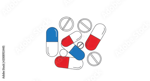 Medical capsule pills and round tablets, pharmaceutical drug collection, red and blue antibiotic medication for healthcare and pharmacy use isolated PNG with Transparent Background