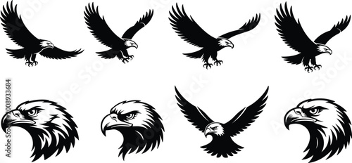 Set of black and white bald eagle silhouettes, mascot heads and flying raptors, vector collection