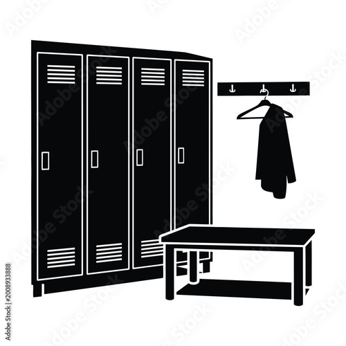Cuadro en lienzo Black locker room vector illustration, gym changing room with metal lockers and