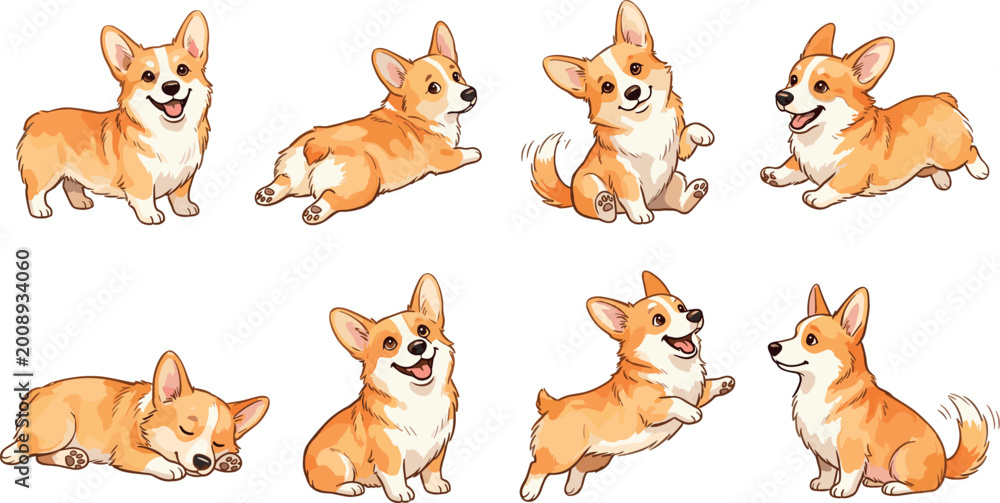 Obraz premium Cartoon Corgi Collection in Various Poses and Actions for Pet, Animal, and Dog Illustrations