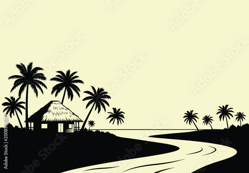 Photos Tropical paradise beach silhouette landscape featuring thatched hut palm trees and winding coastline scenery for summer holiday travel design elements perfect for peaceful nature vector graphics